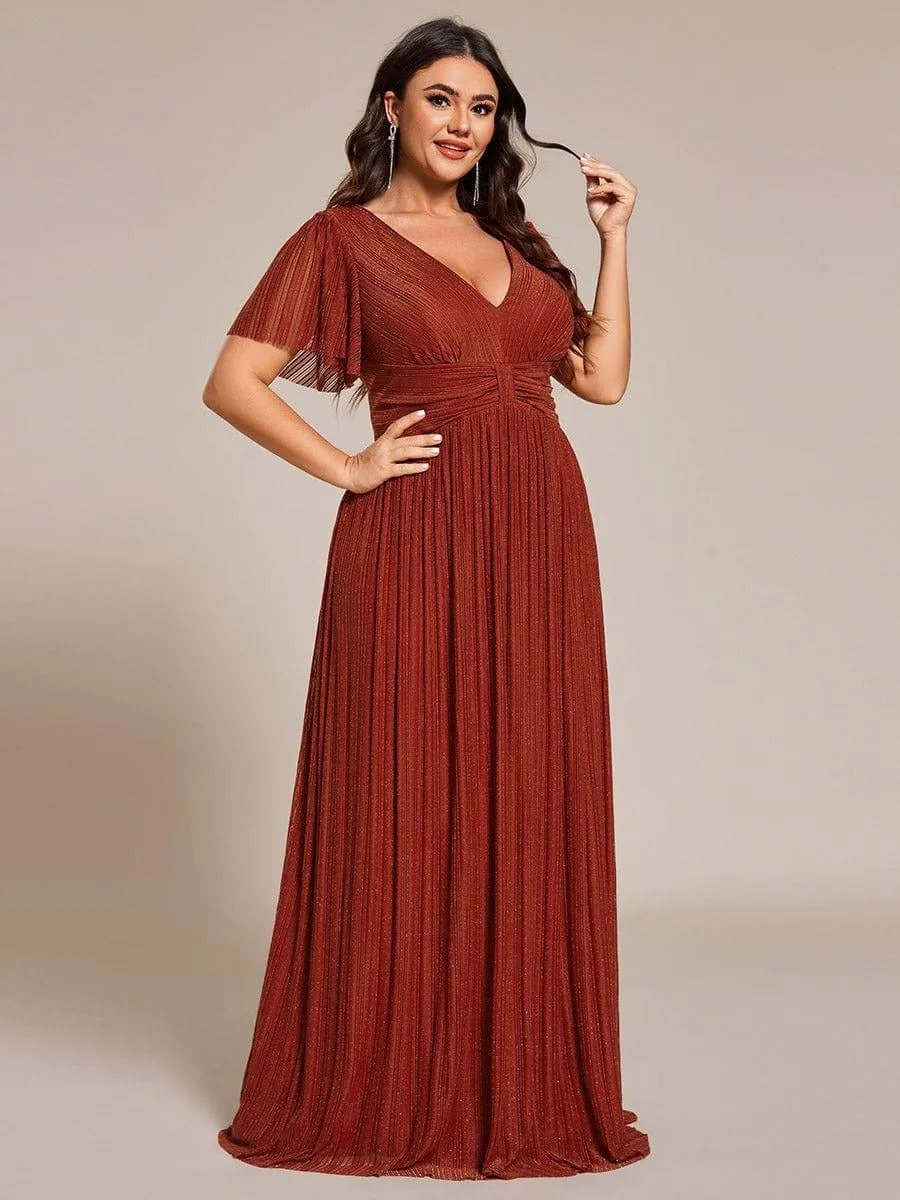 Plus Size V-Neck Glittery Short Sleeves Formal Evening Dress with Empire Waist