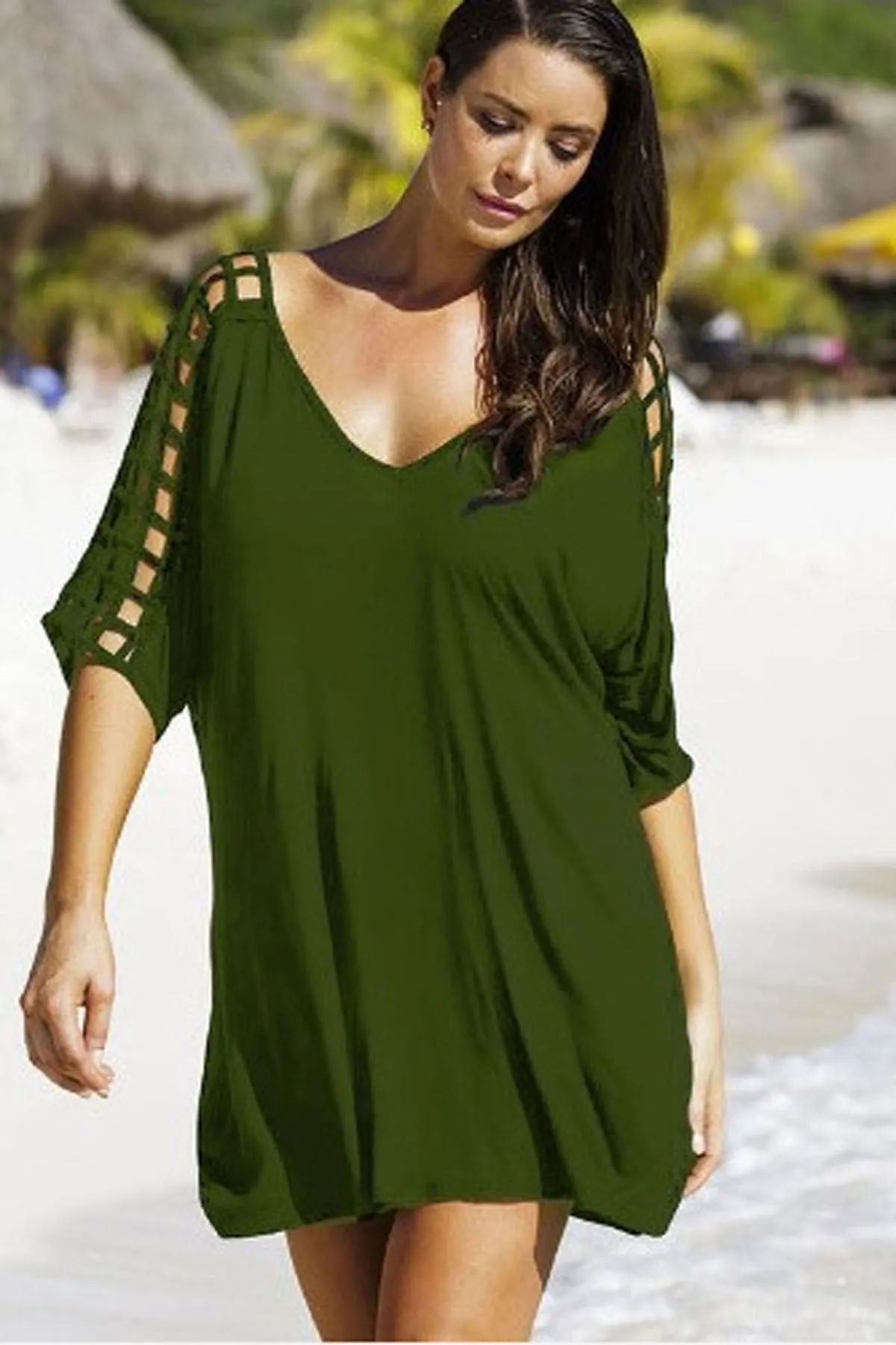 Pure color A-Line V-Neck Half Sleevees Loose Short Deress