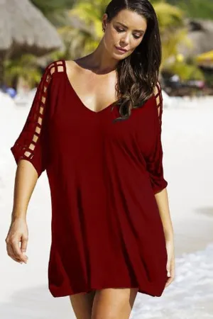 Pure color A-Line V-Neck Half Sleevees Loose Short Deress