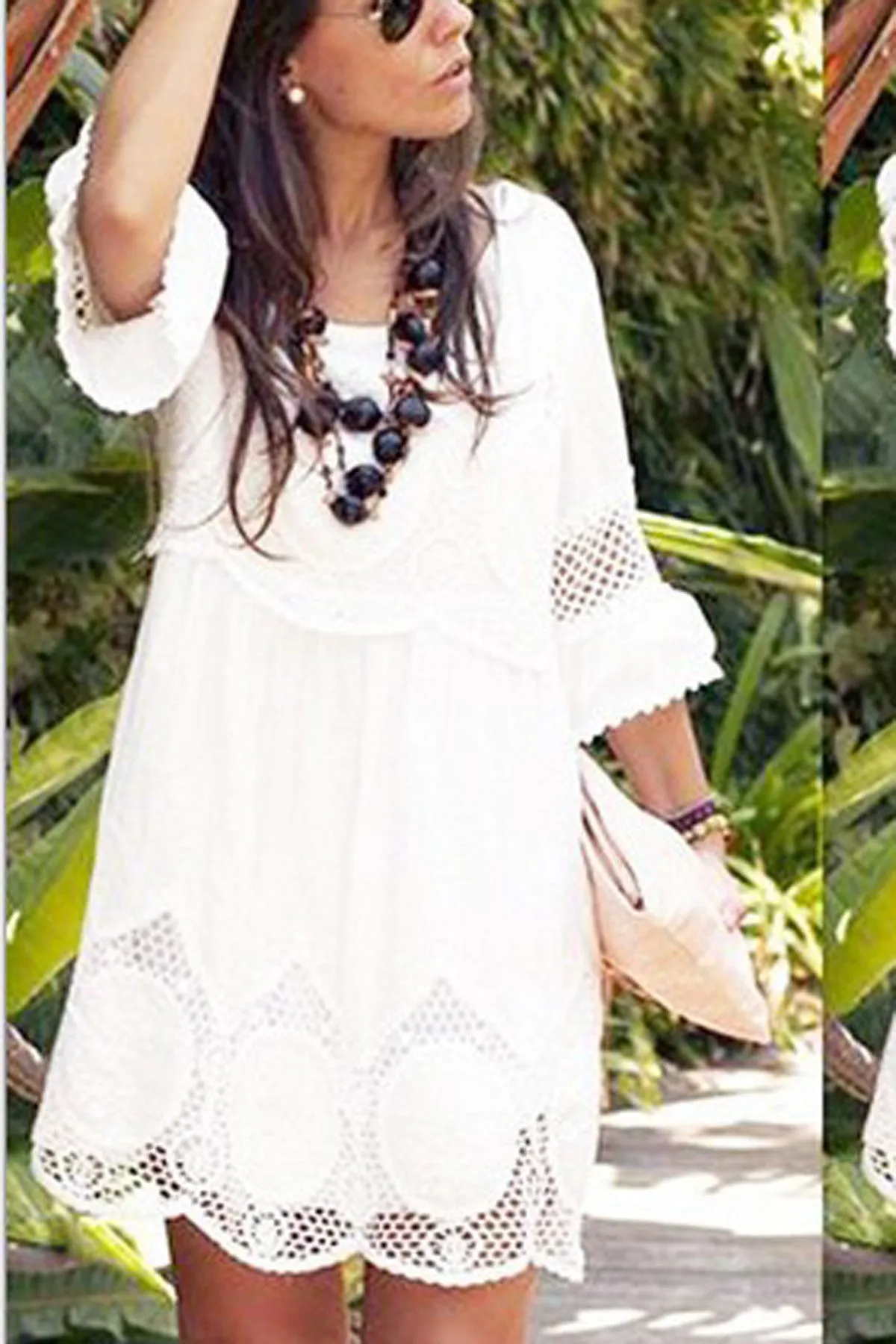 Pure Color Lace Hollow Out Short Dress