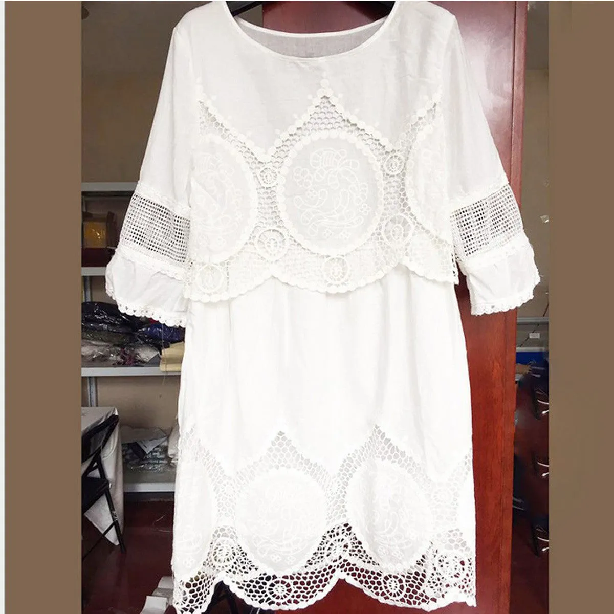 Pure Color Lace Hollow Out Short Dress