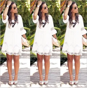 Pure Color Lace Hollow Out Short Dress