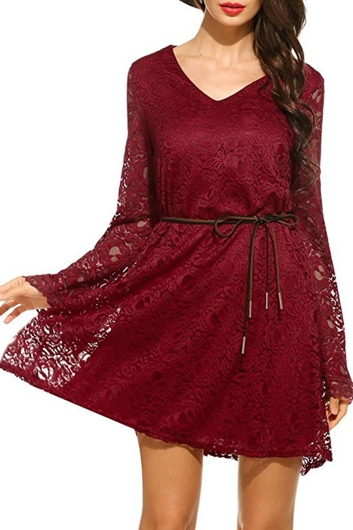 Pure Color Plus Size Long Sleeves Lace Short Dress