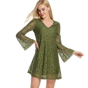 Pure Color Plus Size Long Sleeves Lace Short Dress