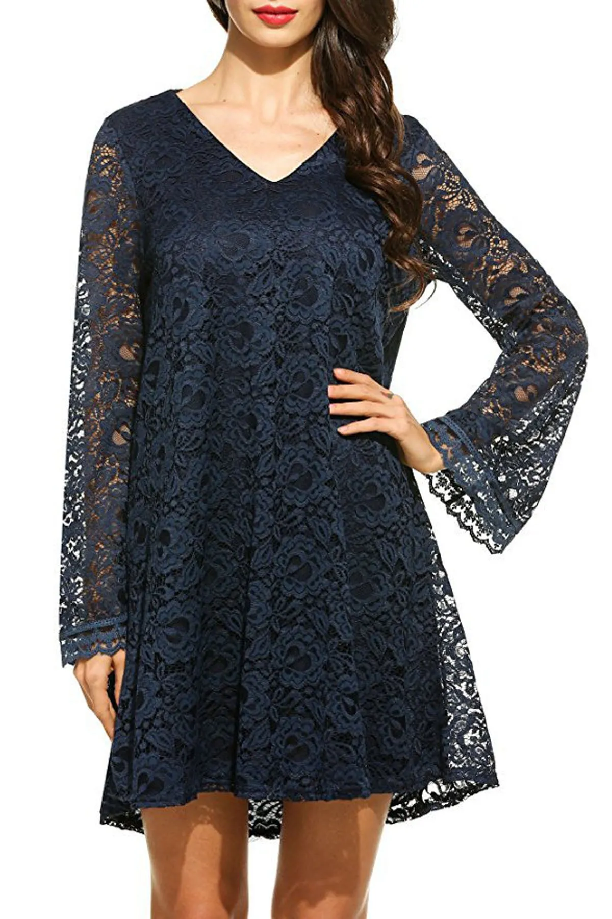 Pure Color Plus Size Long Sleeves Lace Short Dress