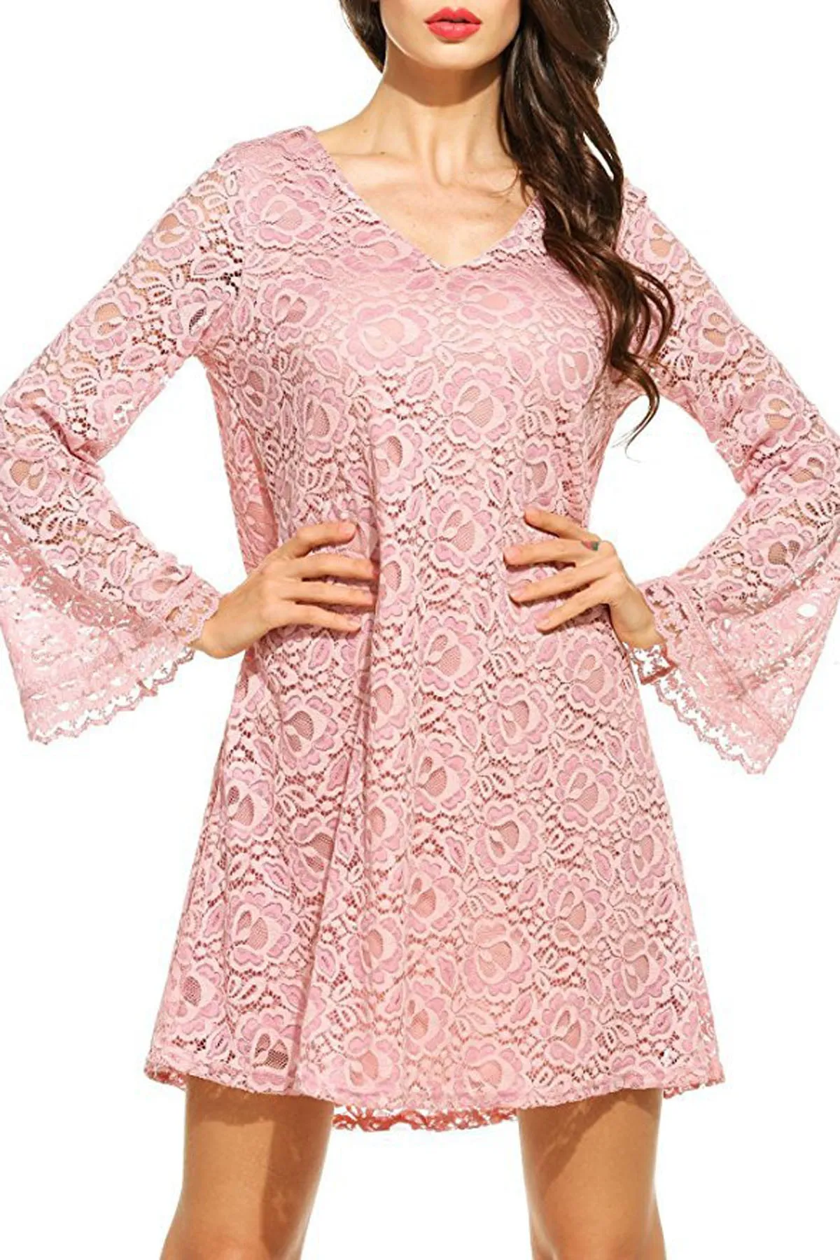 Pure Color Plus Size Long Sleeves Lace Short Dress