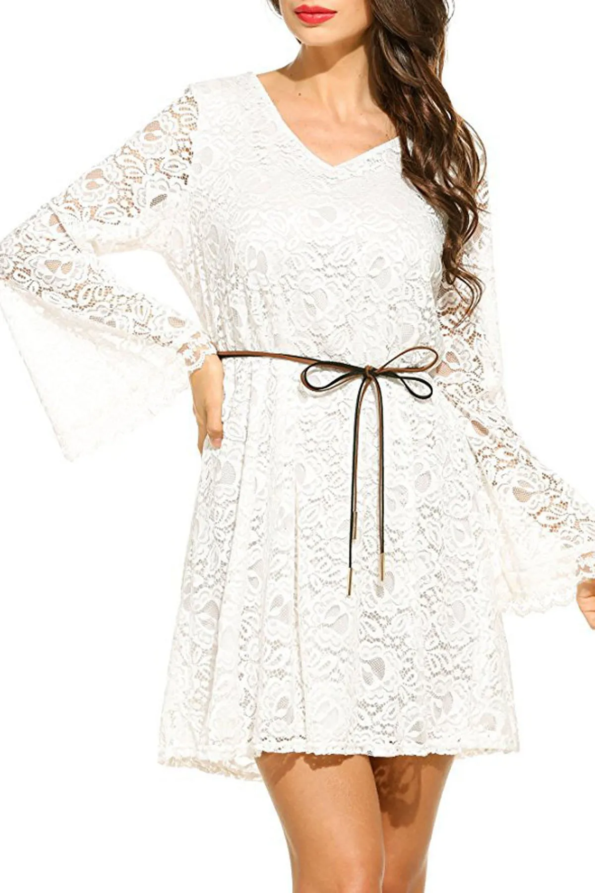 Pure Color Plus Size Long Sleeves Lace Short Dress