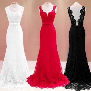 Pure Color V-neck Backless Lace Long Dress