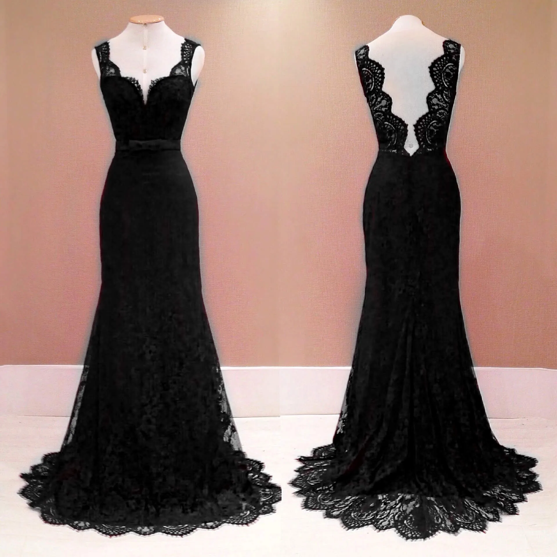 Pure Color V-neck Backless Lace Long Dress