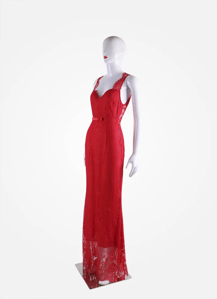 Pure Color V-neck Backless Lace Long Dress