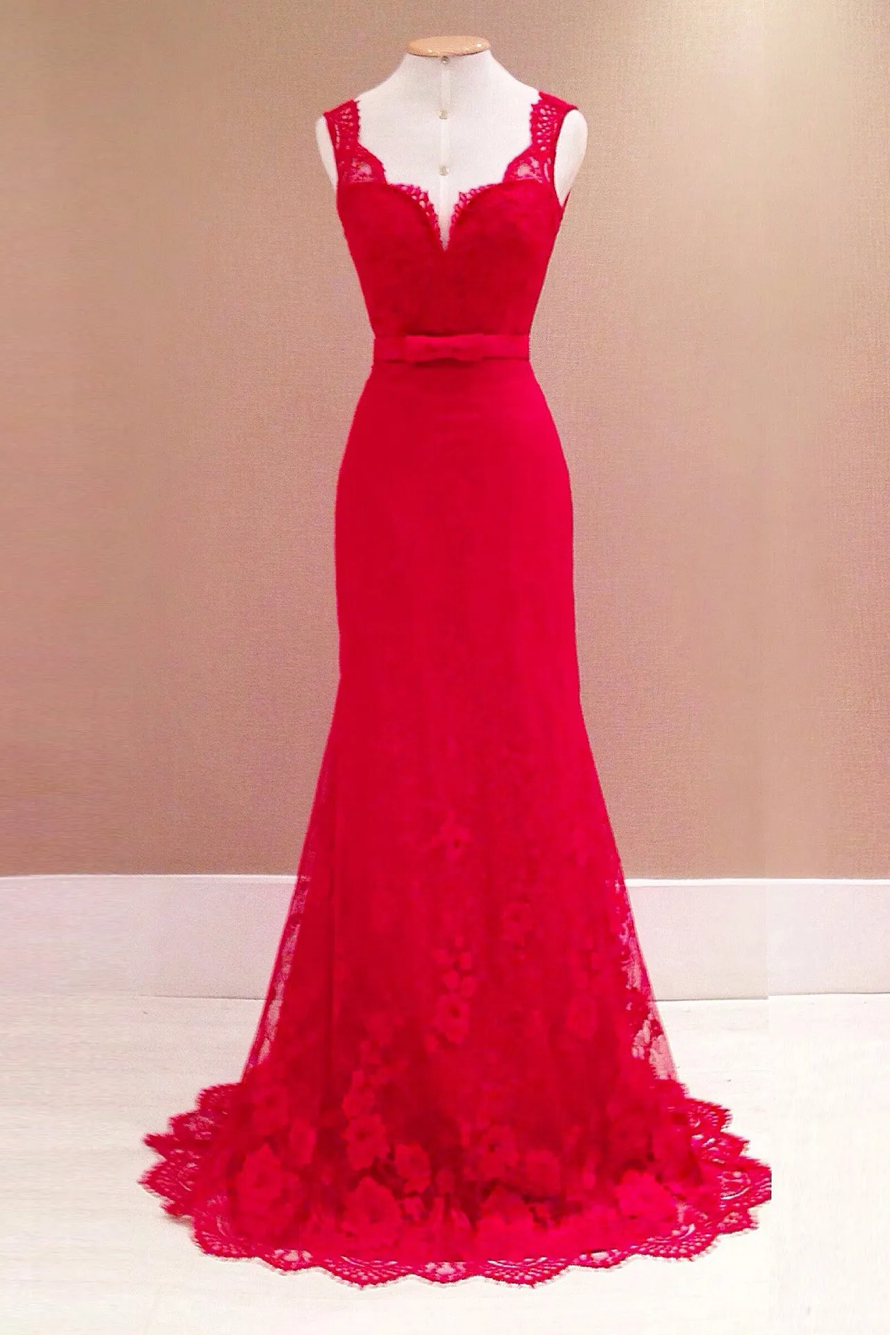 Pure Color V-neck Backless Lace Long Dress