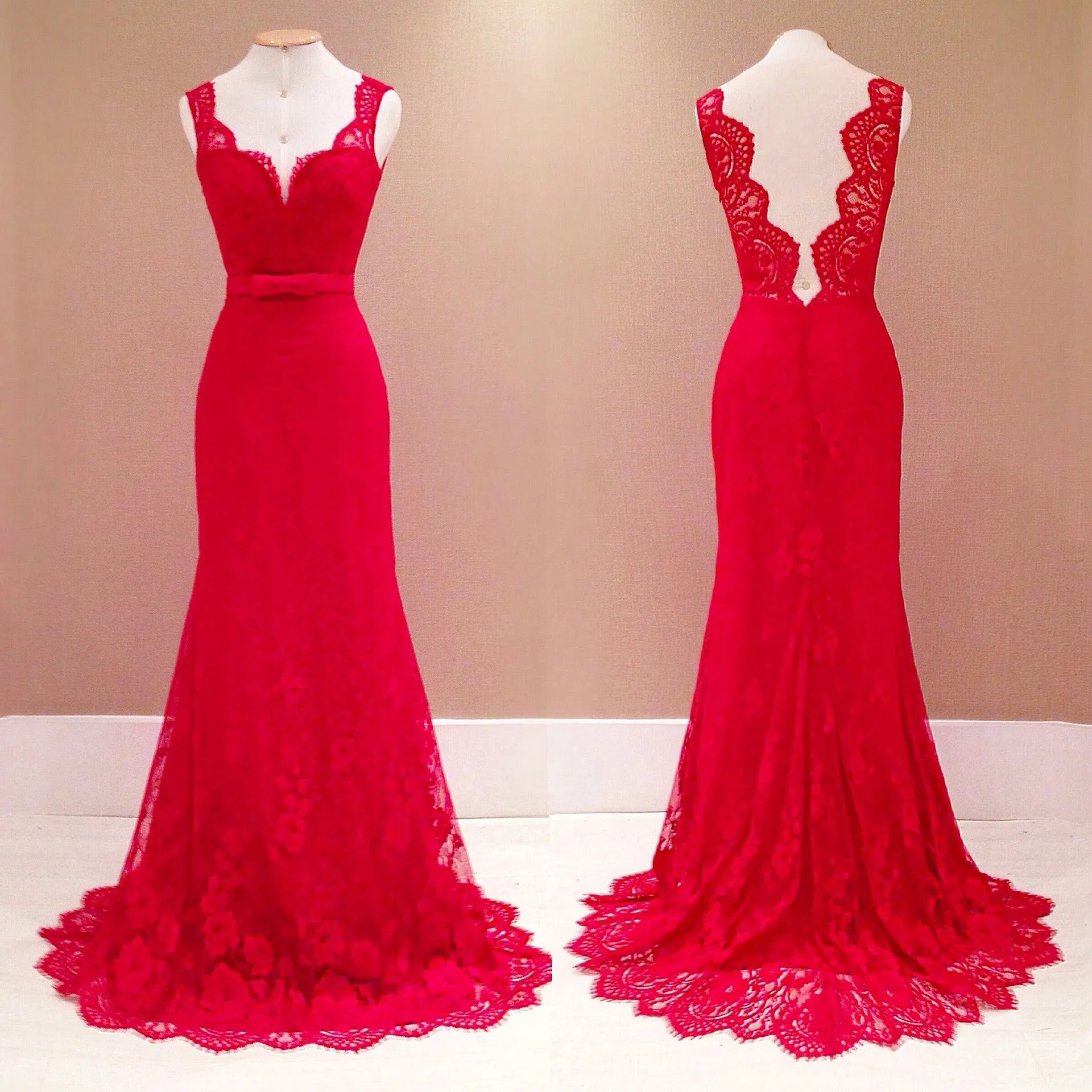 Pure Color V-neck Backless Lace Long Dress