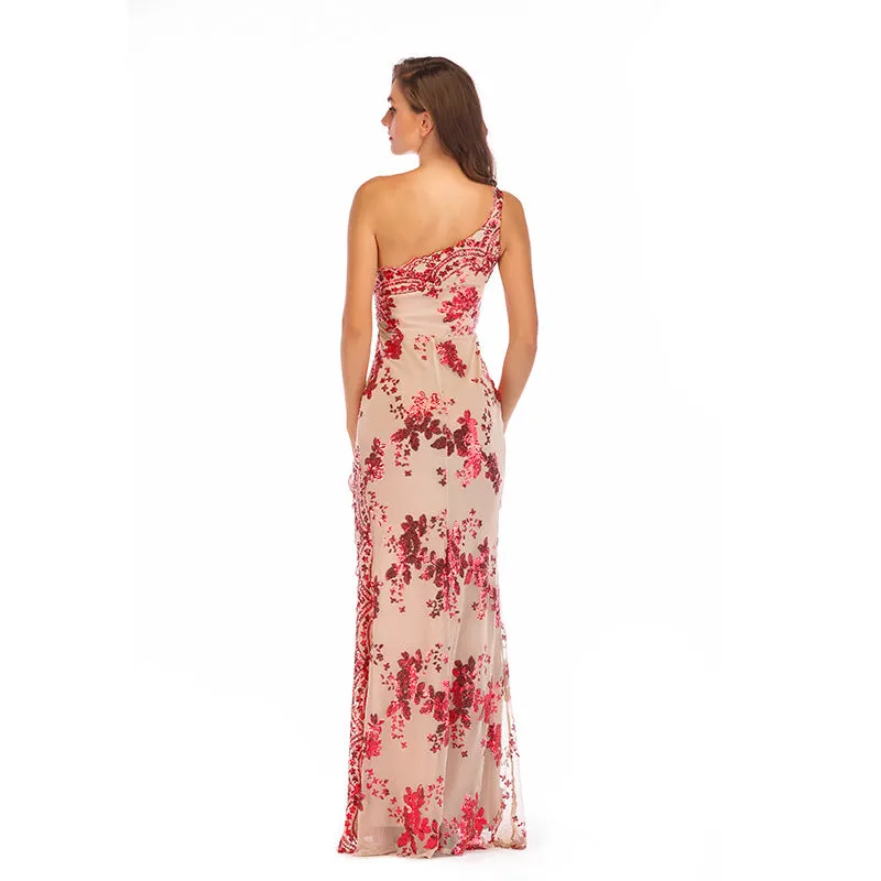 Sequin Open Back Sant Shoulder High Split Long Party Dress