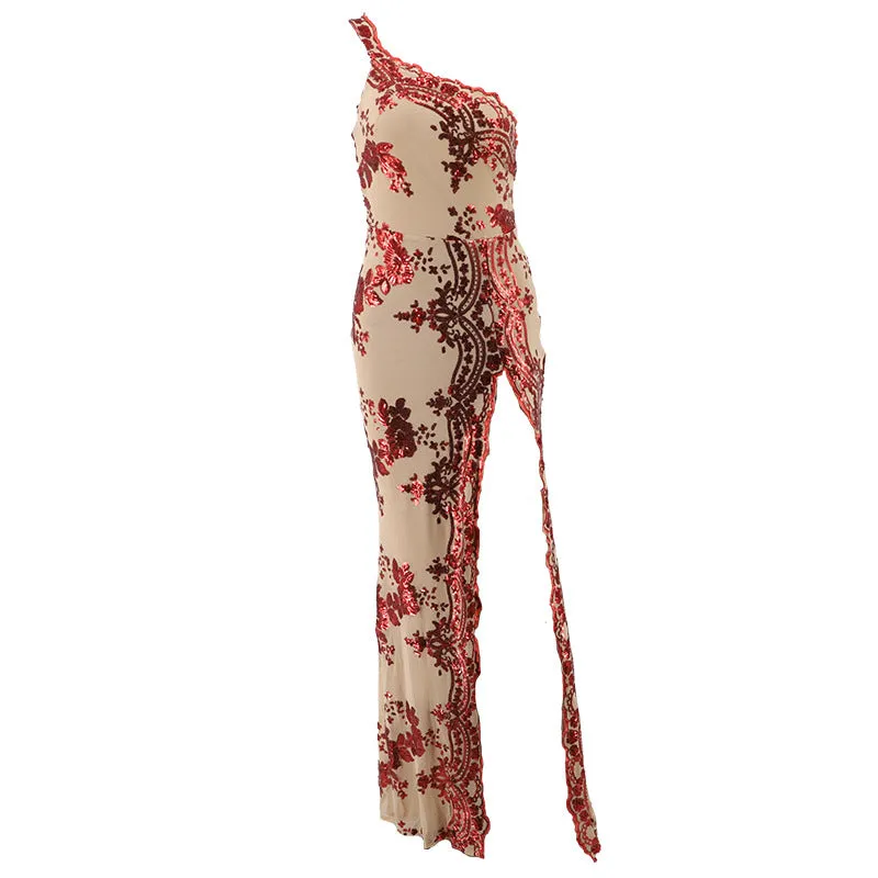 Sequin Open Back Sant Shoulder High Split Long Party Dress