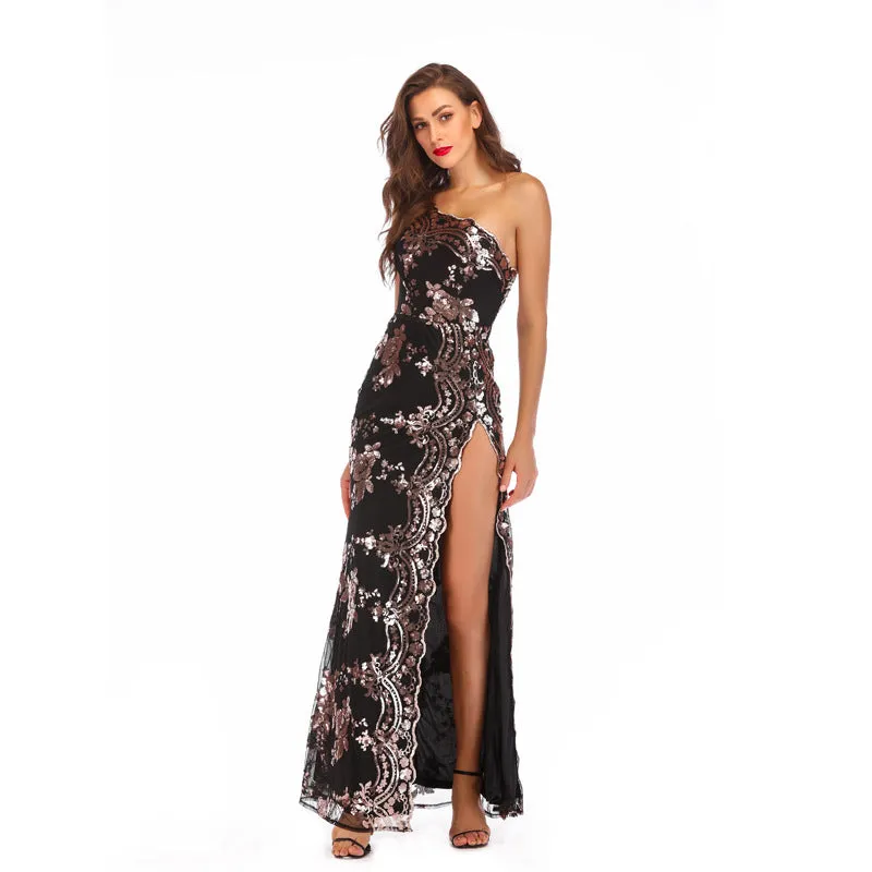 Sequin Open Back Sant Shoulder High Split Long Party Dress