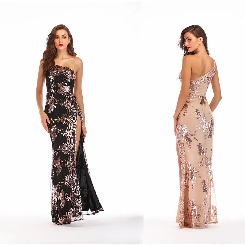 Sequin Open Back Sant Shoulder High Split Long Party Dress