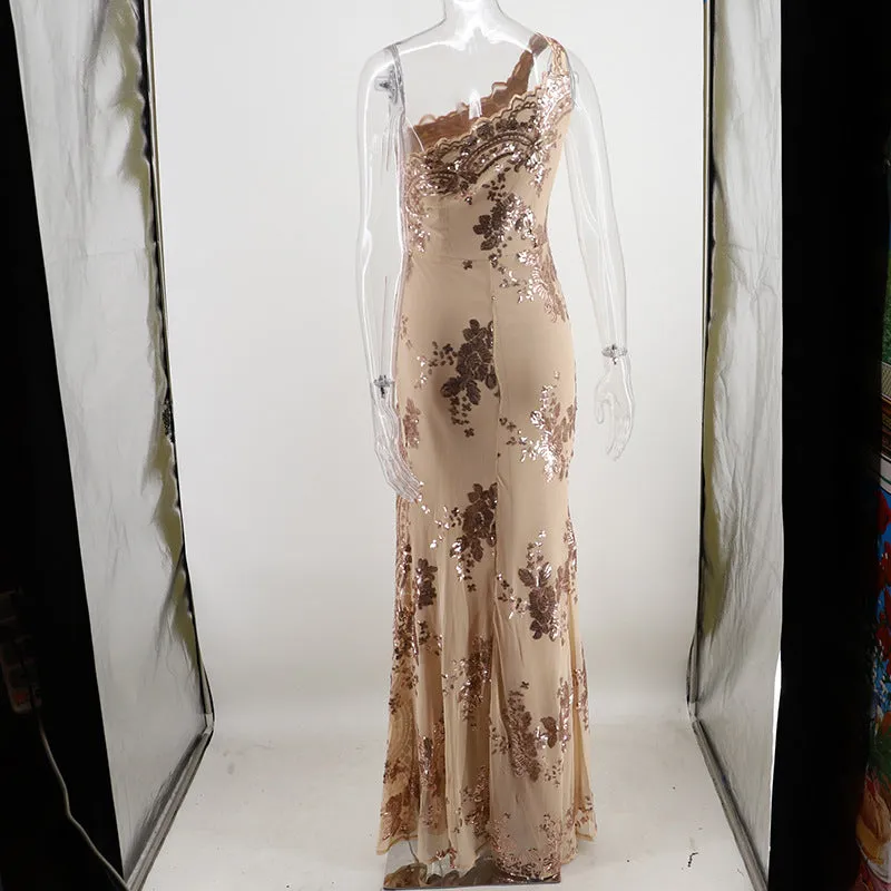 Sequin Open Back Sant Shoulder High Split Long Party Dress