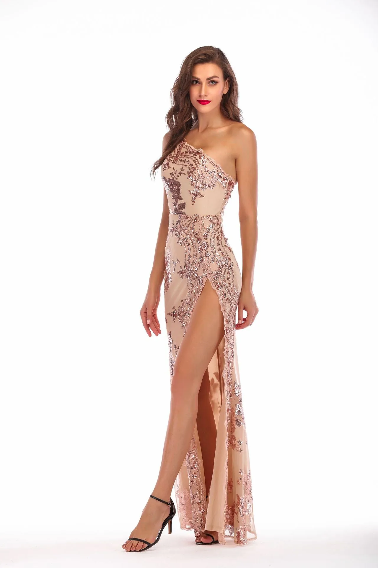 Sequin Open Back Sant Shoulder High Split Long Party Dress