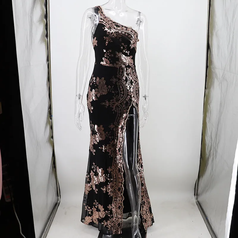 Sequin Open Back Sant Shoulder High Split Long Party Dress