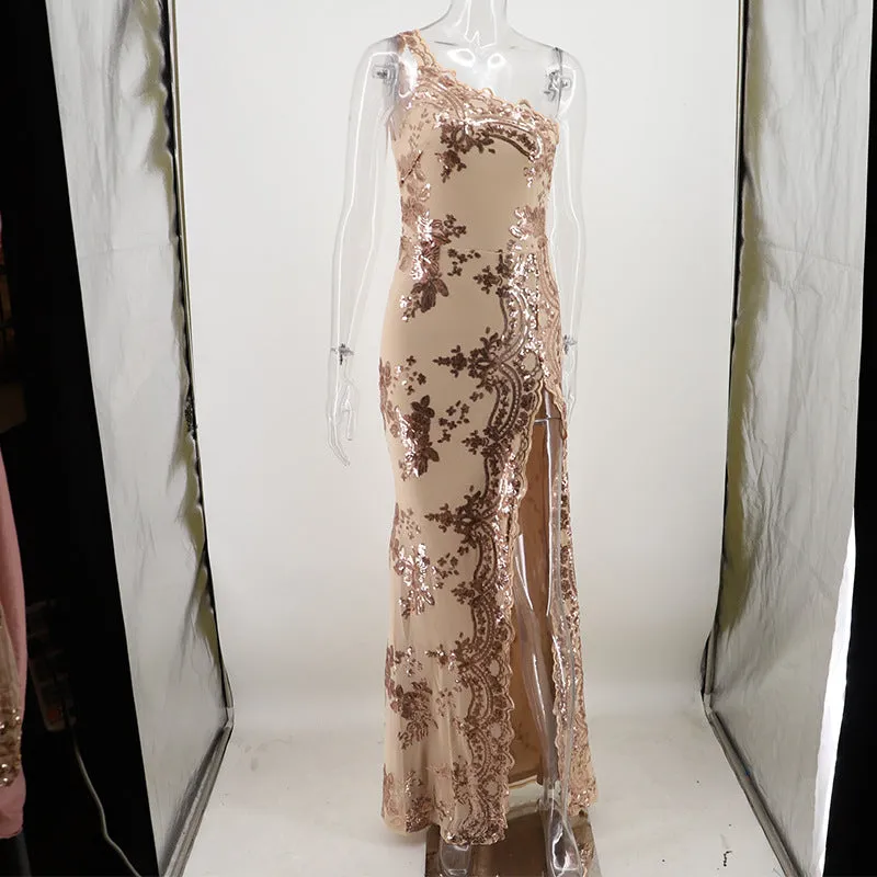 Sequin Open Back Sant Shoulder High Split Long Party Dress