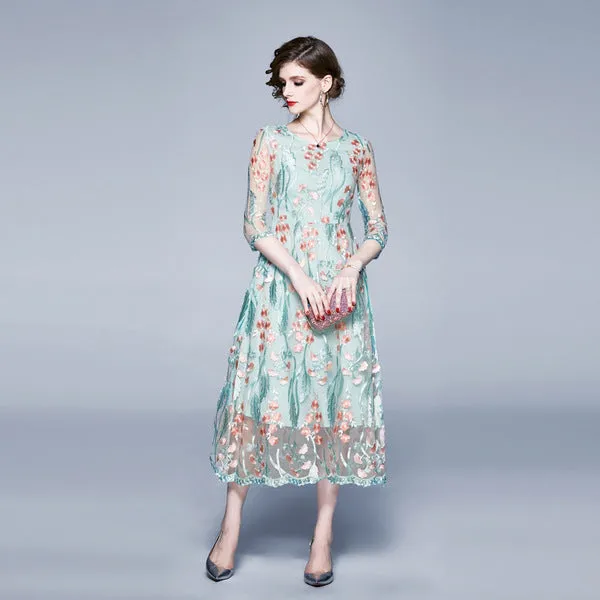 Slim 3 / 4 Sleeve Lace Embroidered Dress
