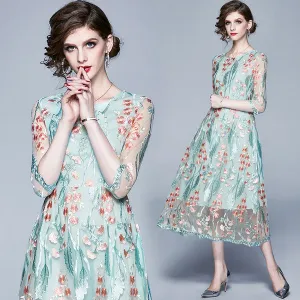 Slim 3 / 4 Sleeve Lace Embroidered Dress
