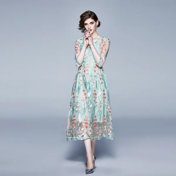 Slim 3 / 4 Sleeve Lace Embroidered Dress