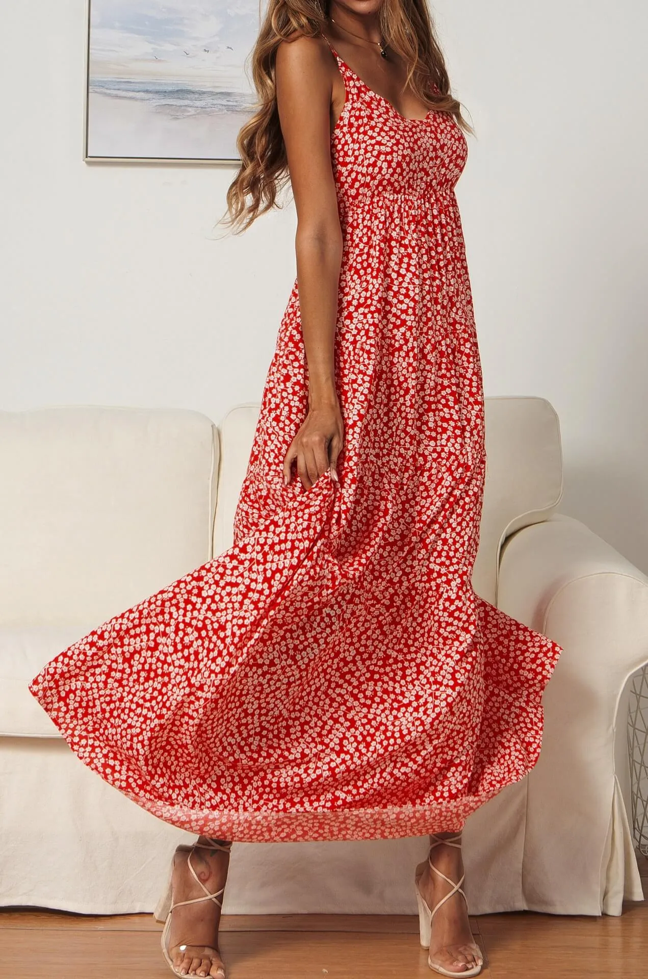 Spaghetti Straps Print Beach Long Dress