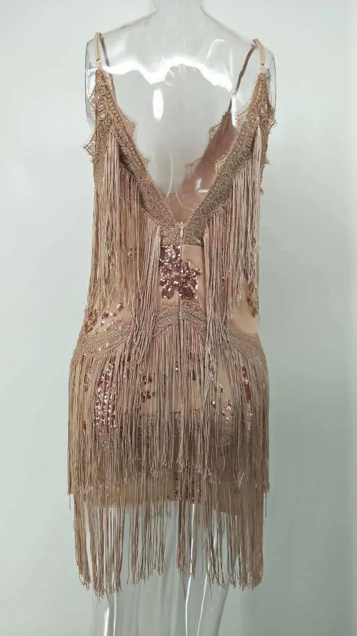 Spaghetti Straps V-neck Tassel Backless Short Dress