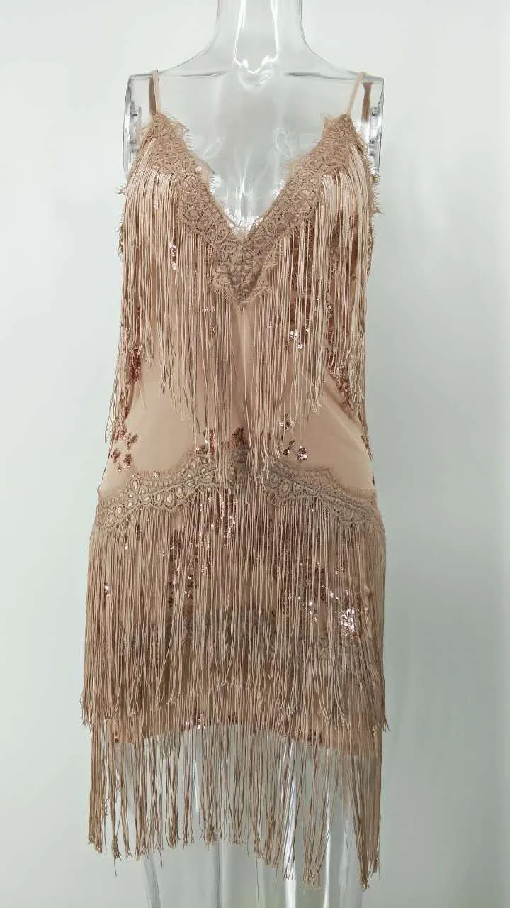 Spaghetti Straps V-neck Tassel Backless Short Dress