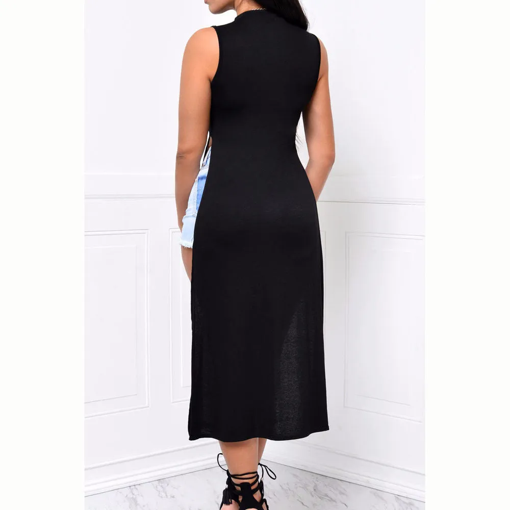 Splicing Pure Color Mesh Patchwork Split Long Dress