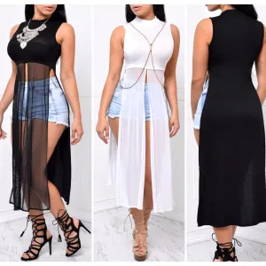 Splicing Pure Color Mesh Patchwork Split Long Dress
