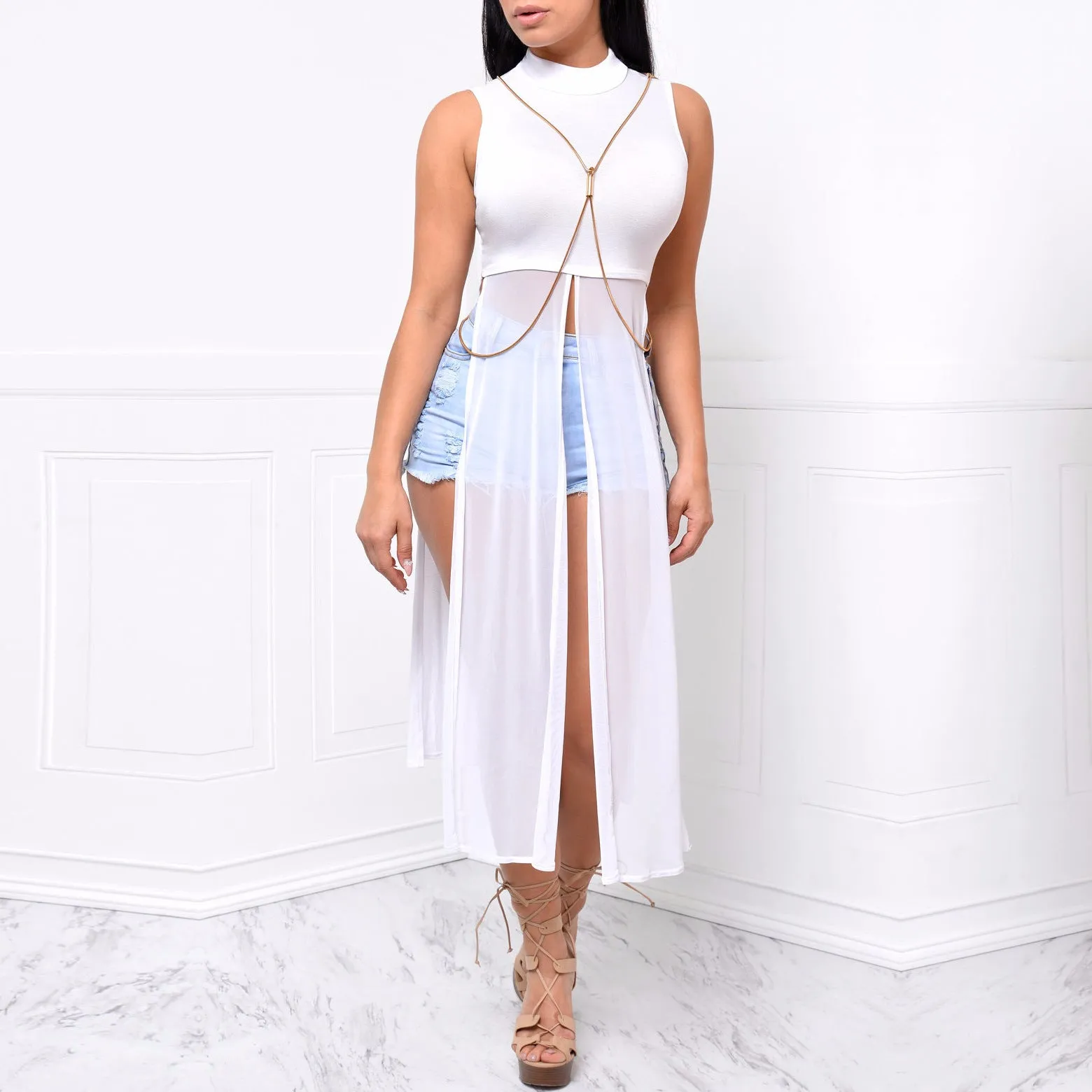 Splicing Pure Color Mesh Patchwork Split Long Dress