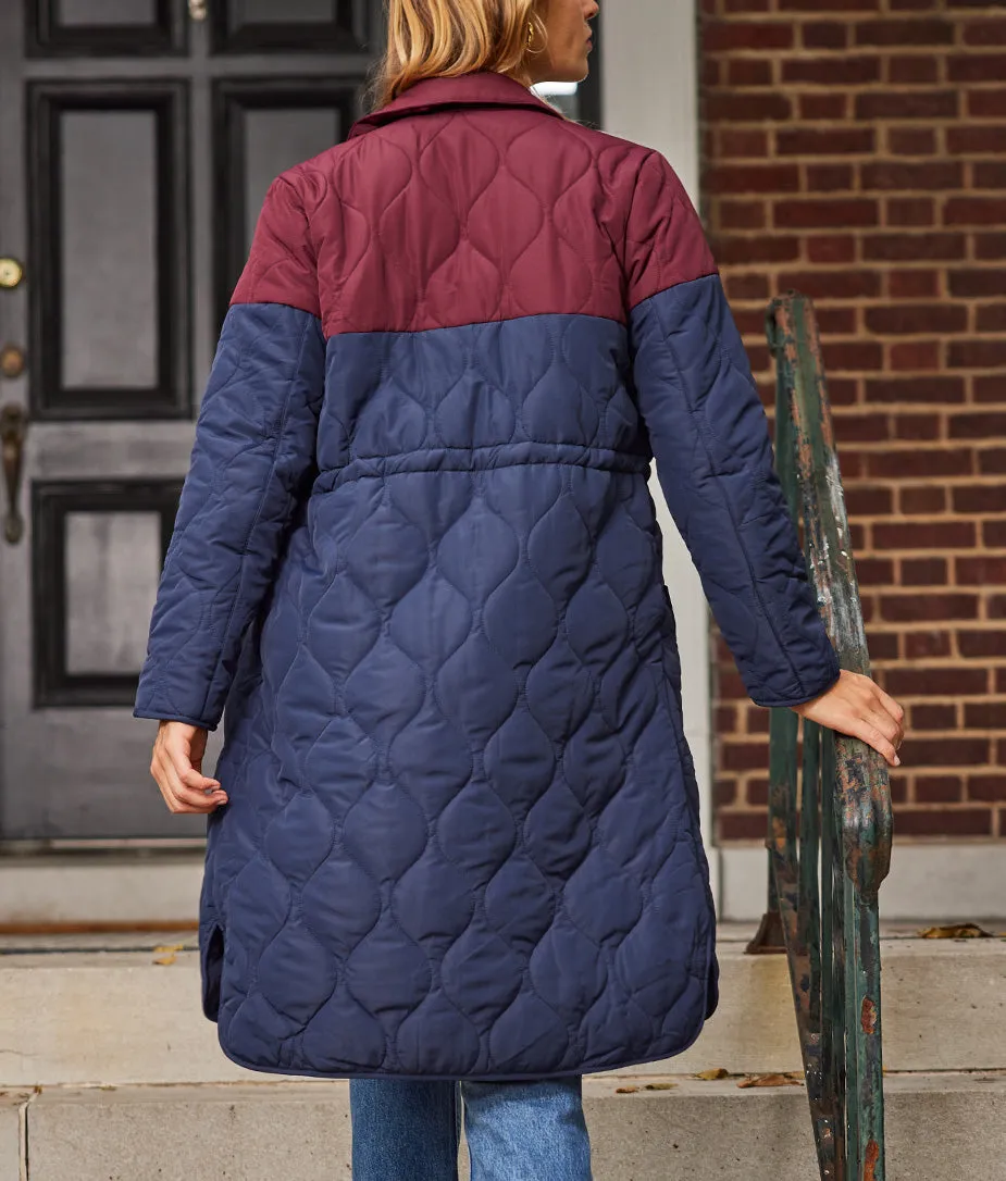 The Long Colorblock Eco Quilted Coat - Midnight & Black Cherry