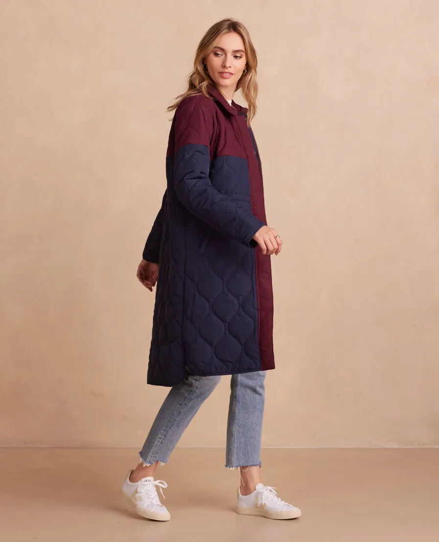 The Long Colorblock Eco Quilted Coat - Midnight & Black Cherry