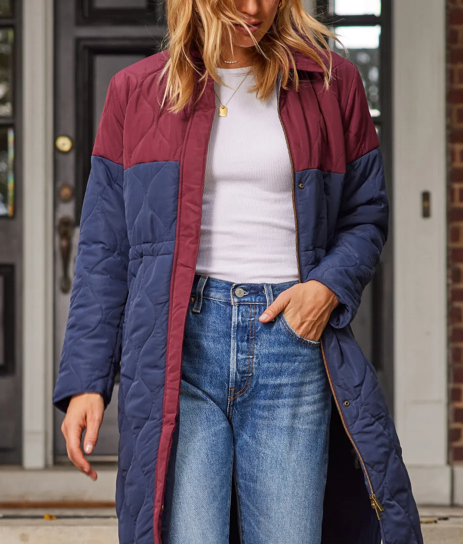 The Long Colorblock Eco Quilted Coat - Midnight & Black Cherry