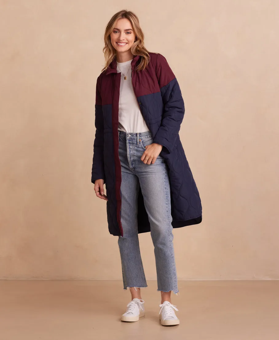 The Long Colorblock Eco Quilted Coat - Midnight & Black Cherry