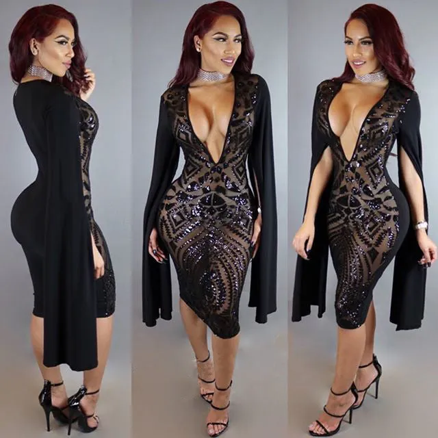 V-Neck Bodycon Knee-length Long Sleeves Dress
