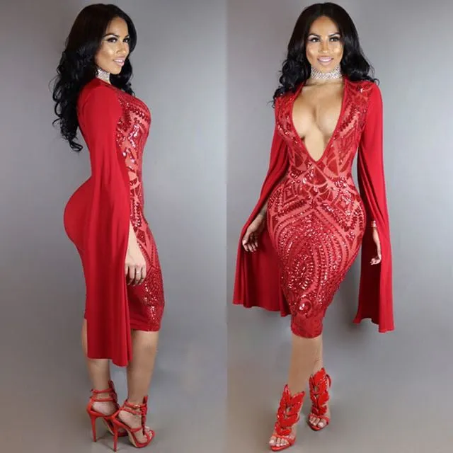 V-Neck Bodycon Knee-length Long Sleeves Dress