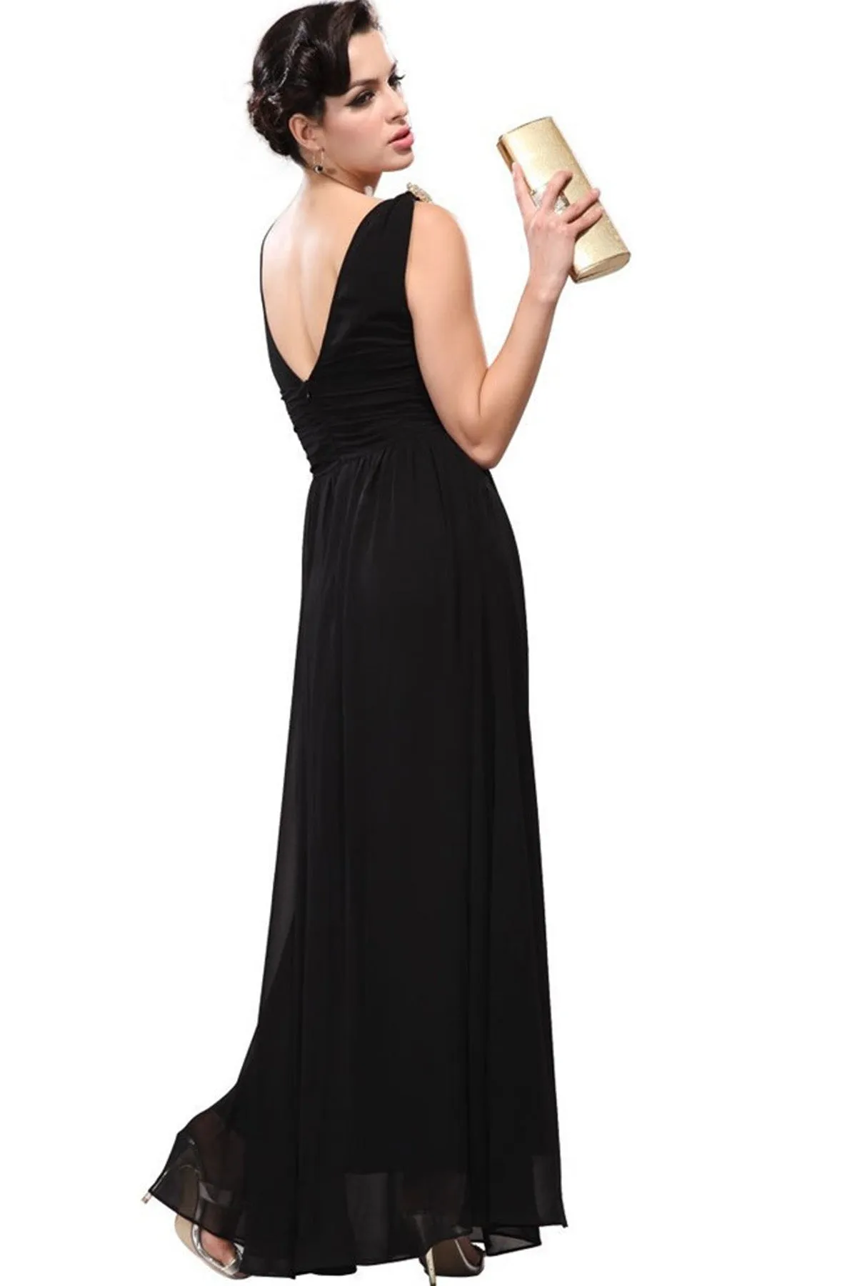V-neck Straps High Waist Backless Long Chiffon Party Dress