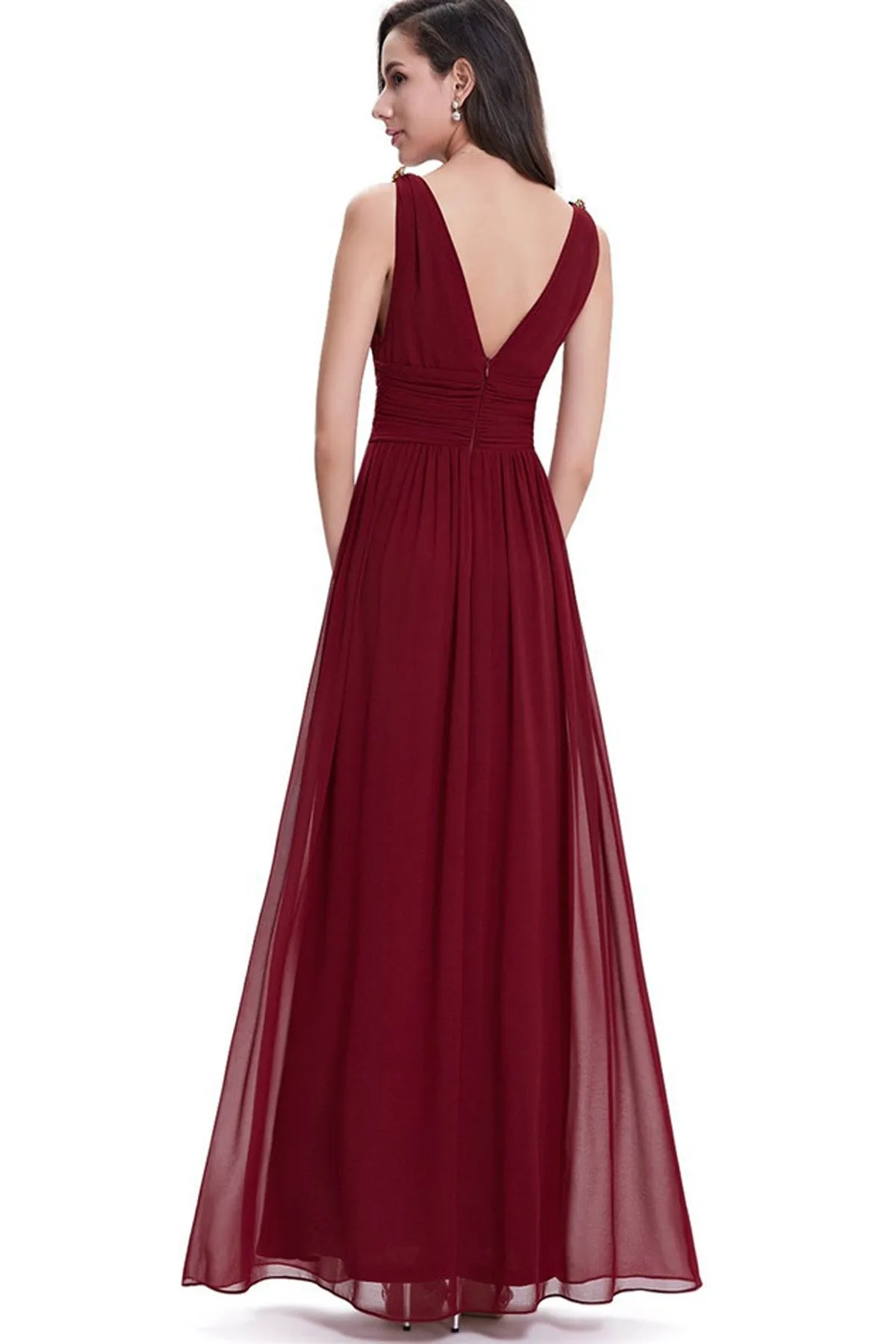 V-neck Straps High Waist Backless Long Chiffon Party Dress