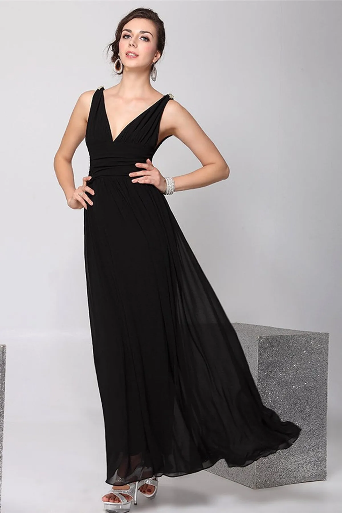 V-neck Straps High Waist Backless Long Chiffon Party Dress
