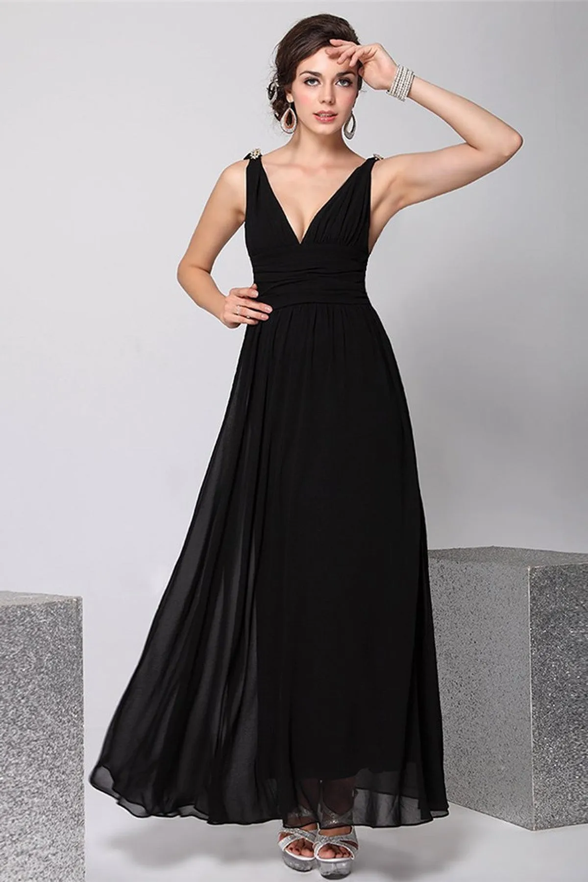 V-neck Straps High Waist Backless Long Chiffon Party Dress