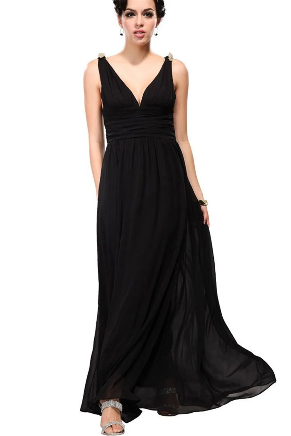 V-neck Straps High Waist Backless Long Chiffon Party Dress