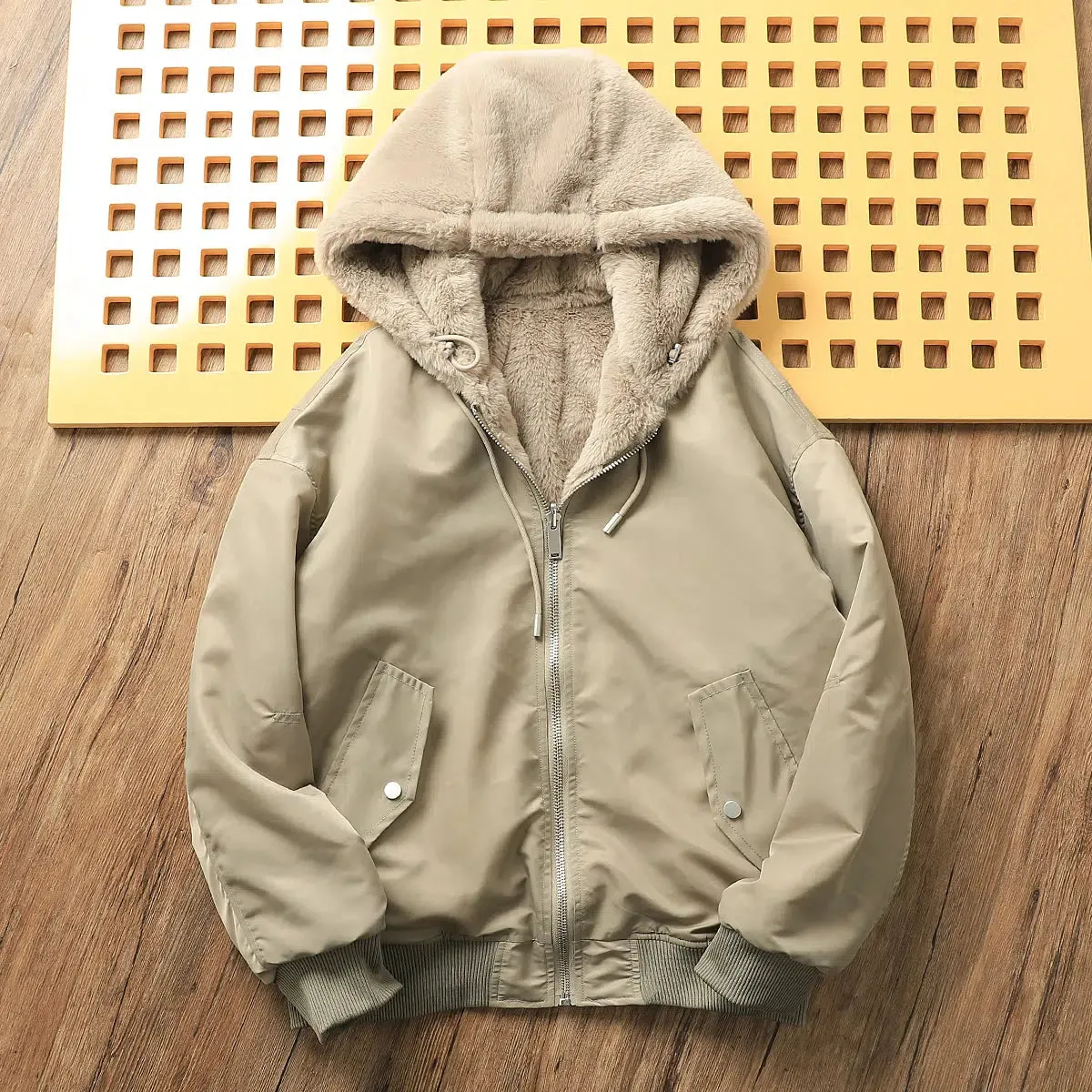Velvet Fleece Hooded Bomber Jacket