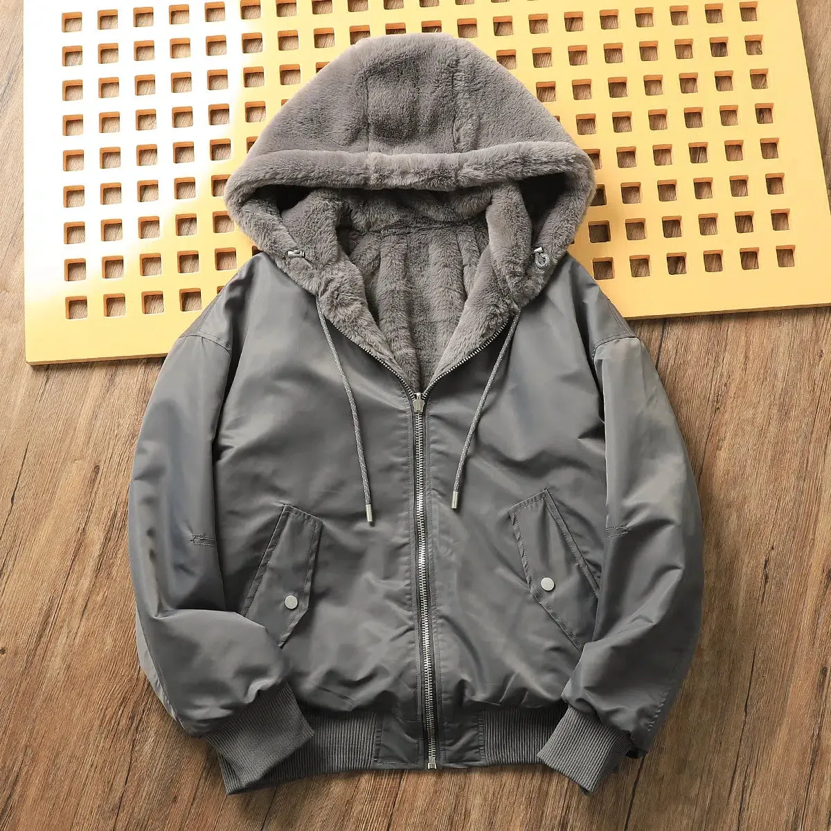 Velvet Fleece Hooded Bomber Jacket