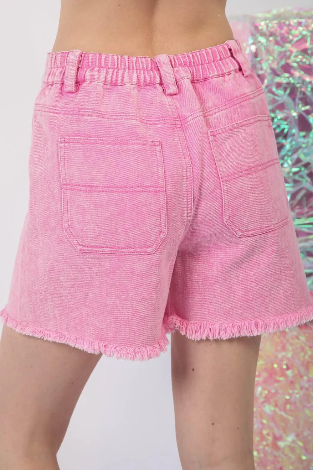 VERY J Relaxed Raw Hem Pink Denim Shorts