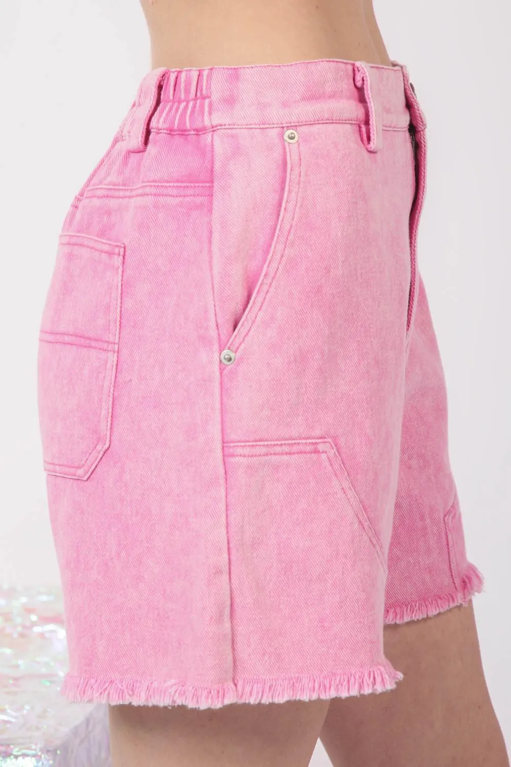 VERY J Relaxed Raw Hem Pink Denim Shorts