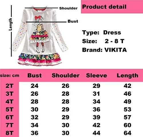 VIKITA 2018 Toddler Girls Dresses Long Sleeve Girl Dress for Kids 3-8 Years Gray LH3660, 6T