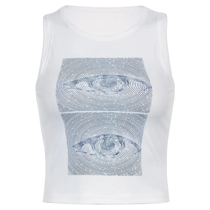 Wenkouban Vintage Eye Print Harajuku  Tops Casual Crewneck Cotton Cute Tank Tops Summer Aesthetic 90S Vest Tee Streetwear